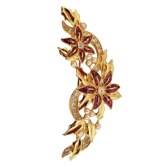 Avon Red Enamel, Rhinestone Faux Pearl Christmas Poinsettia Swag Brooch, M432 - Picture 2 of 6